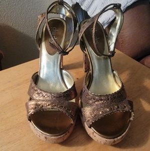 Charles by Charles David cork heels and platform gold leather upper